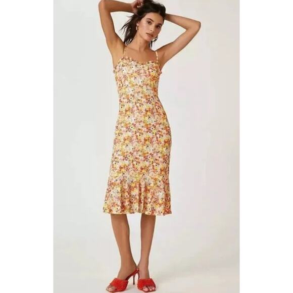 Anthropologie Hutch Bustier Sweetheart Midi Dress Floral Ruffle Orange Women's S - Picture 8 of 15